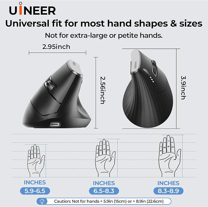 Uineer Vertical Ergonomic Mouse, Wireless Bluetooth Mouse, 3-Device,Quiet | Switch among 3 devices; side scroll wheel supports horizontal navigation for documents and spreadsheets.