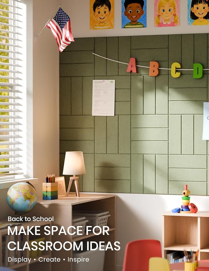 28" x 18" Cork Board Alternative, Wide Stripe, Olive Green | 6-Pack Felt Pin Board Tiles, 30 Adhesive Tabs, Custom Wall Layout, Photo Display, Memo Board, Office, Classroom, Dorm