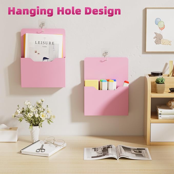 Marbrasse Magnetic File Holder - Magnetic Paper Holder, Pocket Organizer Office Supplies Storage Mail Organizer for Notebooks,Planners,Letter (Pink)