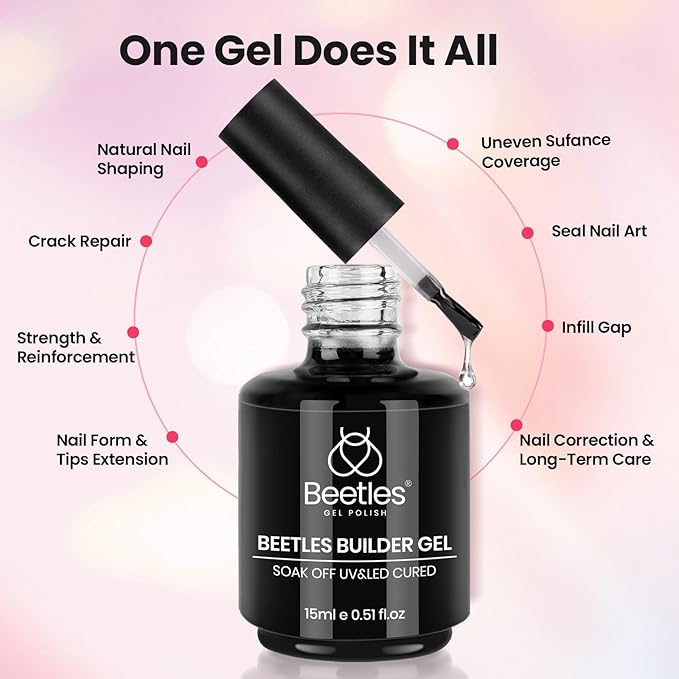 Beetles Builder Gel for Nails & Milky Pink Gel Nail Polish, 8 in 1 Clear Builder for Nail Apex, Strengthening,Crack Repair & Extension,Beginner-Friendly DIY UV Nail at Home,with Nail Art Brush