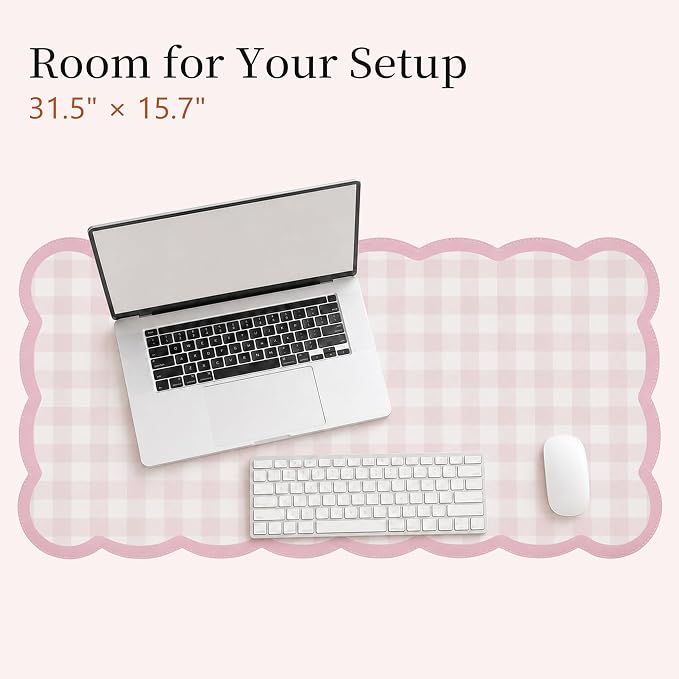 Ohocut Scalloped Gingham Checkered Desk Pad，Pink：31.5" x 15.7" | Large, Premium Faux Leather, Anti-slip Bottom, Water Repellent, Easy to Clean, Aesthetic Trendy Design