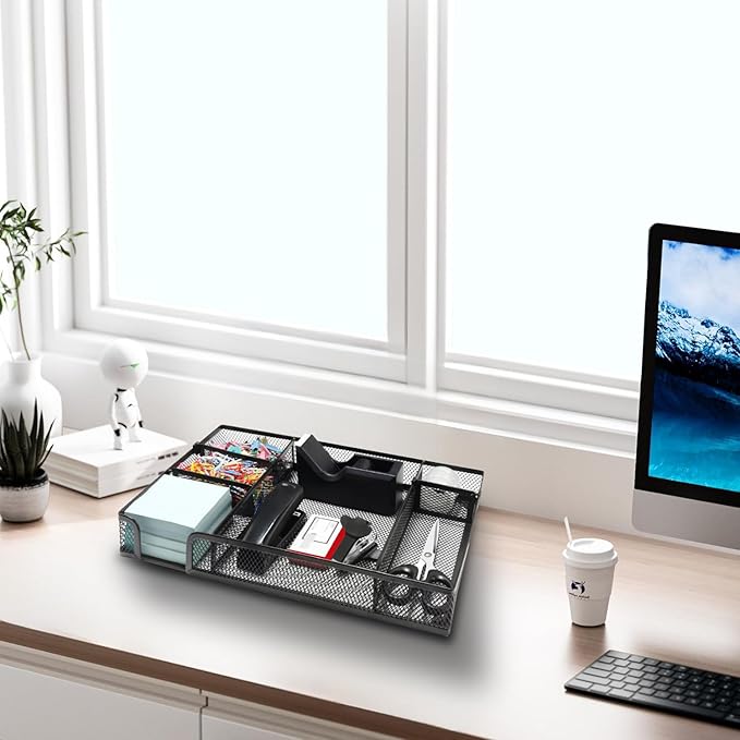Black Desk Organizer Set, Office Supplies with Stapler and Tape Dispenser | Includes Desk Drawer Organizer,Tape, Staples, Staple Remover, Paper Clips, Scissors and Sticky Notes for a Neat Workspace