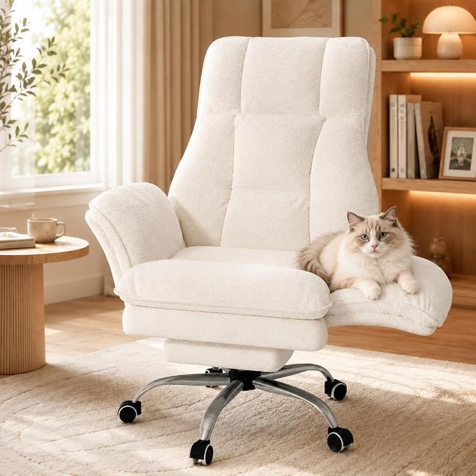 Big and Tall Office Chair with Footrest & Flip Armrests | Teddy Fleece Ergonomic Desk Chair, for Pets & Cross-Legged Sitting, Wide Seat Reclining Executive Computer Chair, White