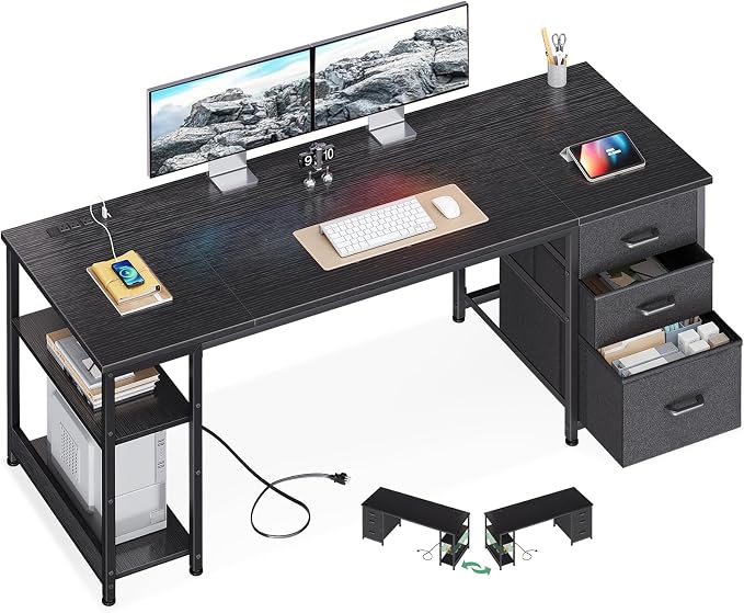 AODK 63 Inch Computer Desk with Drawers & USB Power Outlets | Reversible Home Office Desk with Storage Shelves, Work from Home, Modern Work/Writing/Study Table for Bedroom, Black