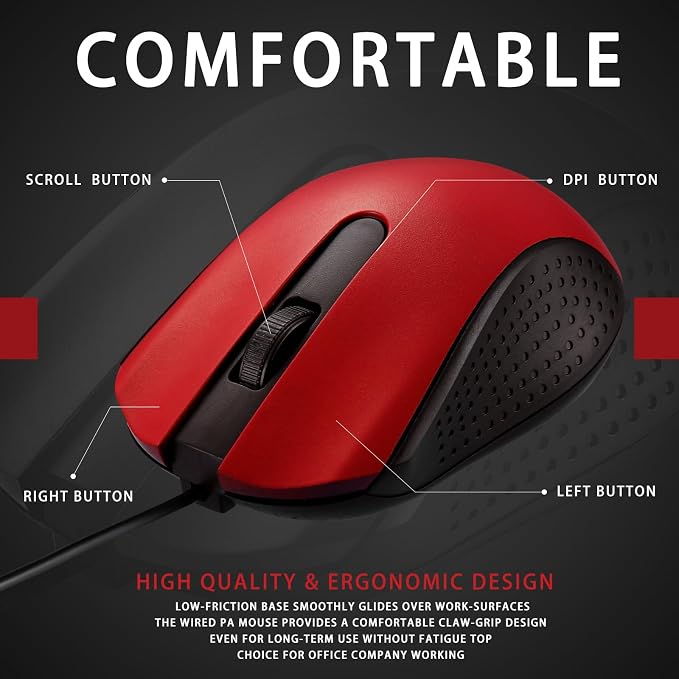 Bonuci 30 Pack USB Wired Mouse 3 Button Corded Computer Mice Bulk USB Mouse for PC Desktop, Laptop, Office, School, Classroom Use(Red)