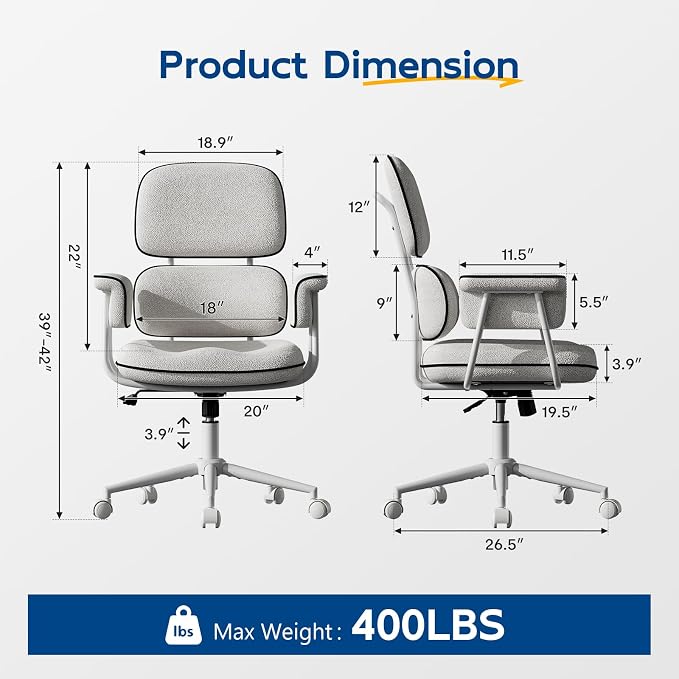 White Office Chair, Memory Foam Seat Mid Century Modern Desk Chair | 3.9" Sloped U-Shaped Memory Foam Cushion, Granular Linen Fabric, Lumbar Support, 1.2mm Sturdy Metal Tube, 400LBS Capacity
