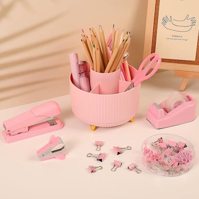 SKYDUE Pink Desk Accessories 11Pcs with Rotating Pen Holder for Desk | Included Stapler with Staples, Staple Remover, Tape Dispenser,2pcs Tape Refills, Binder Paper Clips Kit, Scissor, 2pcs Pens