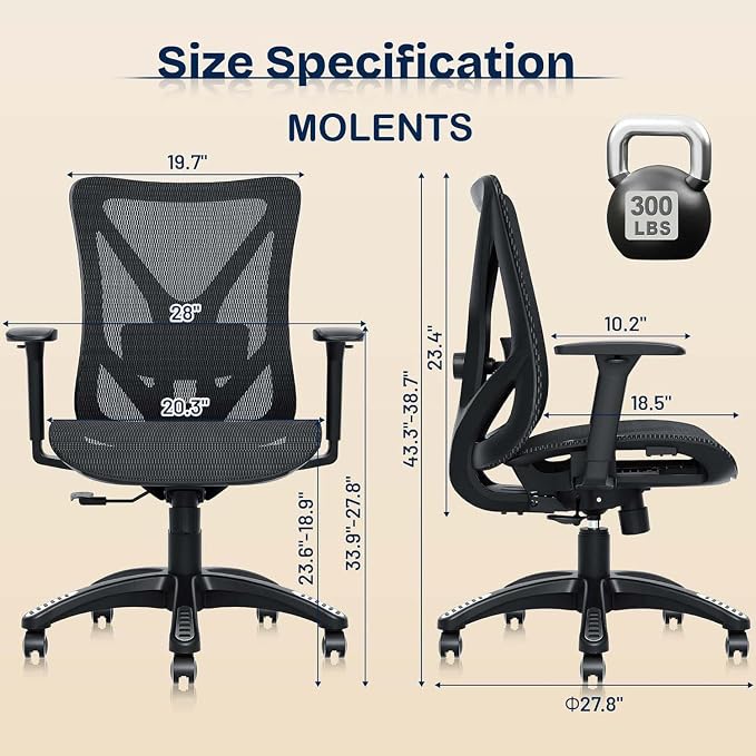 Ergonomic Office Chair, Mesh Computer Desk Chairs with Adjustable Lumbar Support, 3D Armrests, Tilt Function, Comfy Wide Seat, Swivel Executive Work Task Chair for Company and Home