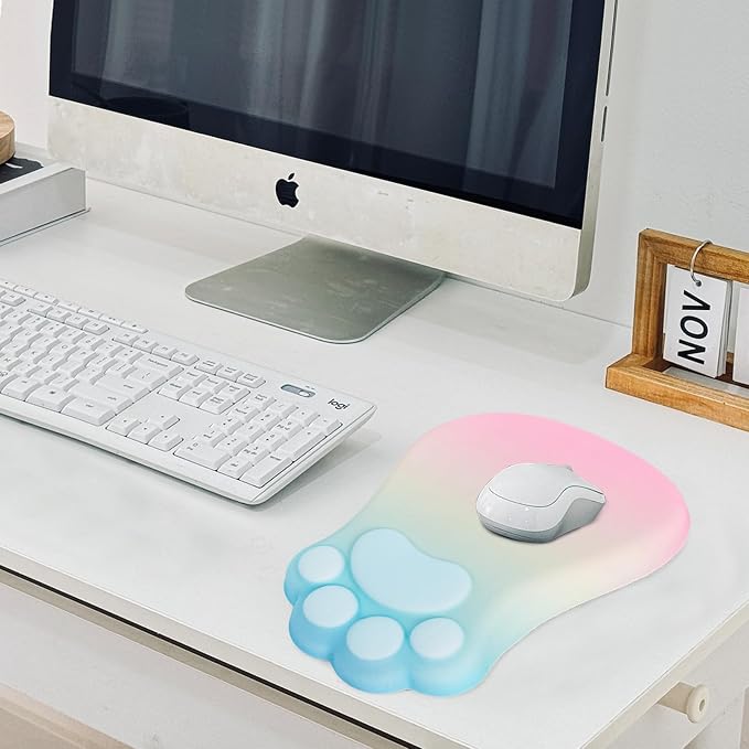 L-SPOUTTO Ergonomic Mouse Pad with Wrist Rest,Cute Mouse Pad Wrist Support | Cat Paw Comfortable Massage Design,Computer Pain Relief Mousepad with Non-Slip PU Base for Desk Laptop Gaming,Rainbow