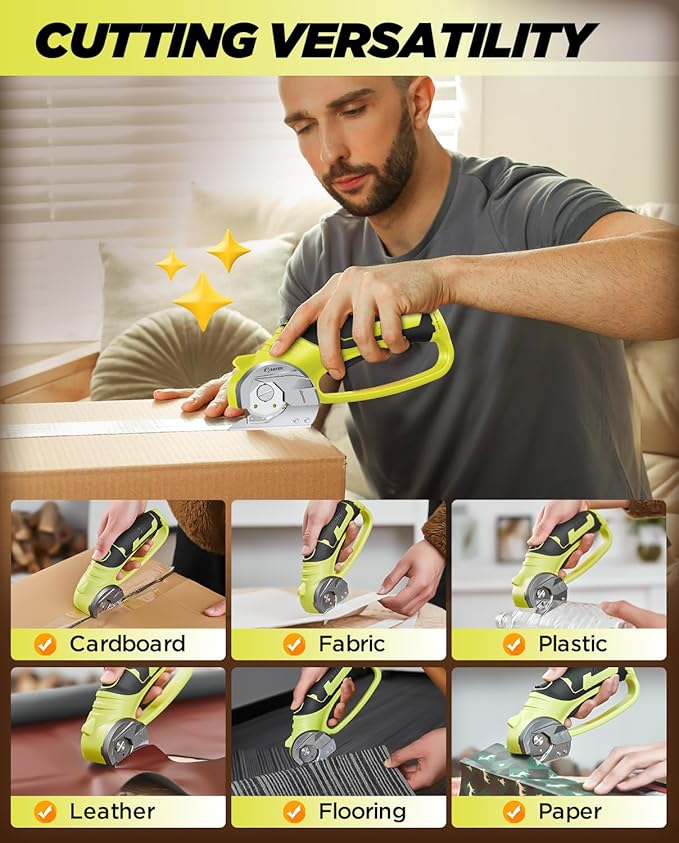 Saker Box Cutter Electric Cordless: Card board Cutter Scissors for Fabric Leather Paper Plastic - Cardboard Cutting Tool with 4V Recharged Battery - Safety Lock and LED Light for Cutting,Green