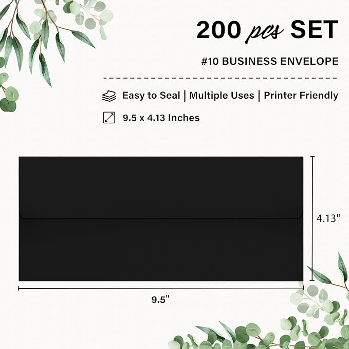 200 Pack #10 Black Envelopes Letter Size Self Seal Business Envelopes | Security Mailing Envelopes, 4 1/8 x 9 1/2 Inches