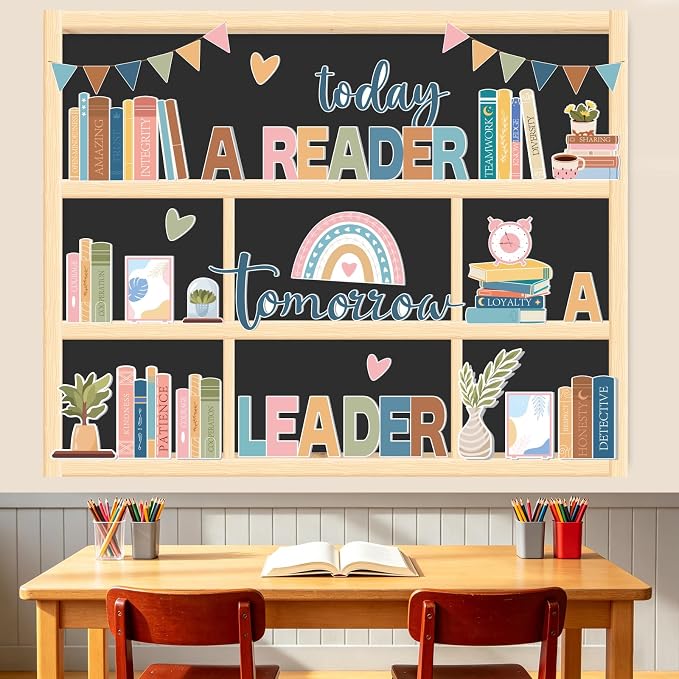 63Pcs Boho Reading Bulletin Board Decorations Set, Motivational Library Books Paper Cut-Outs Inspirational Affirmation Cutouts for Back to School Teacher Supplies Office Classroom Door Wall Decor