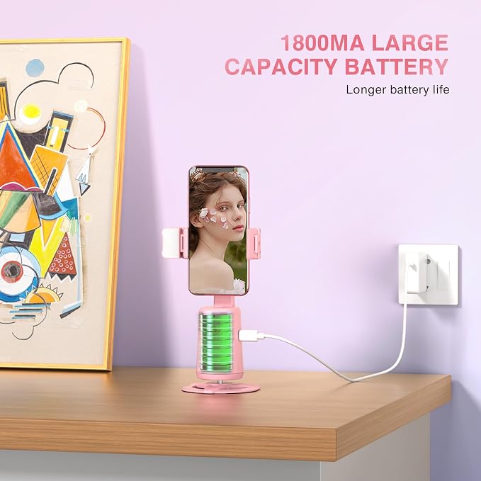 Auto Face Tracking Tripod 360° Rotating Cell Phone Photo and Video Kits Stand, No App, Camera Stand with Remote and Gesture Control, Rechargeable Smart Shooting Stand for Live Recording Tiktok（Pink）