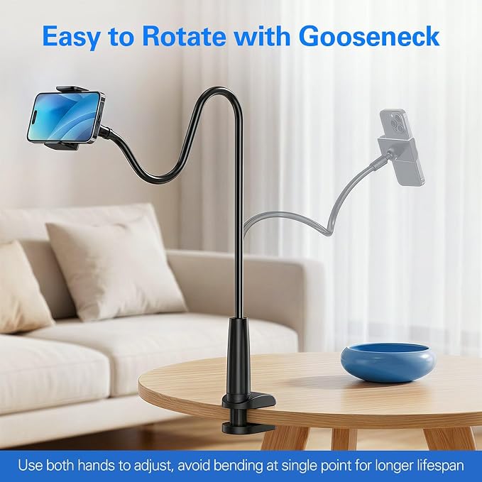Gooseneck Phone Holder for Bed, 34inch Flexible Overhead Cell Phone Mount for Desk, Hands-Free Viewing Clamp Stand Compatible with iPhone 17 16 15 Pro Max and 3.5-7" Devices, White