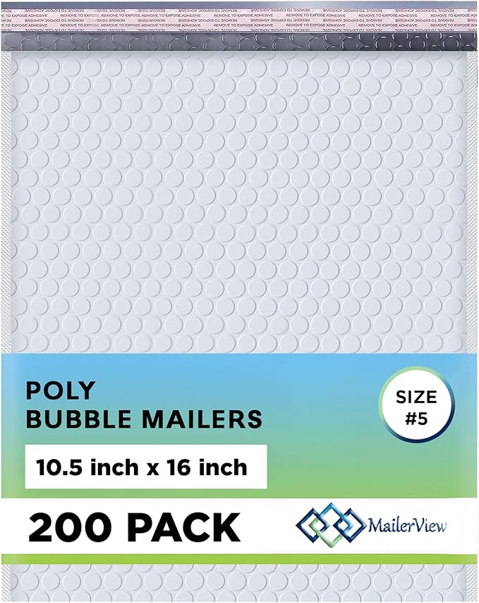 Arctic White Bubble Mailers 10.5x16 Poly Padded Envelopes #5 200 Pack | Fits Books, Comics & Apparel, Self-Seal Closure, Cushioned Protection, Water-Resistant Poly, Bulk Pack