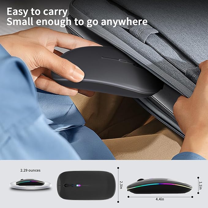 Wireless Bluetooth Mouse – Rechargeable, Silent, Dual Mode (Bluetooth 5.2 & USB) with LED Lights – Portable for Laptop, Desktop, & Tablet(Grey)