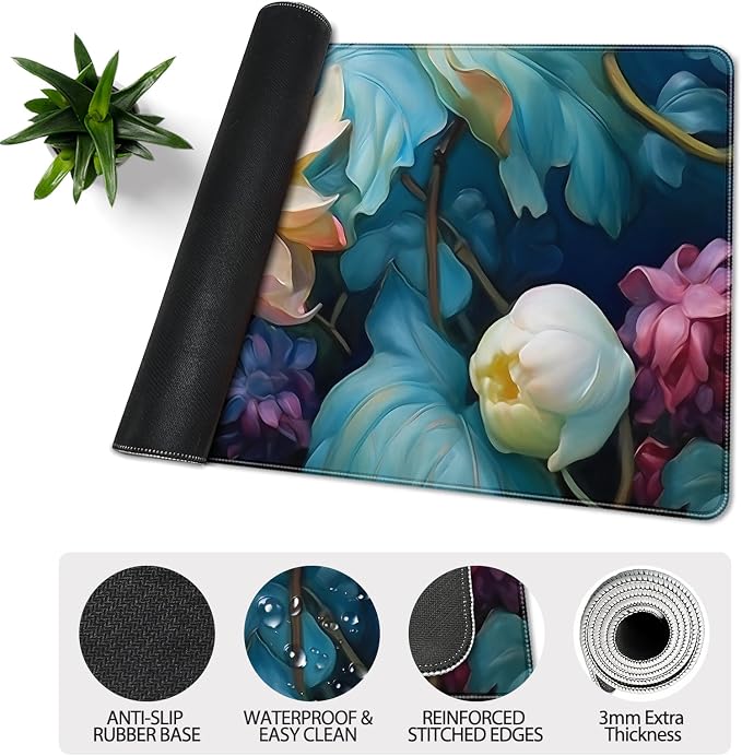 35.4 x 15.7 in, XXL Large Mouse Pad for Desk, Extended Keyboard Mouse Mat for Computer Office, Big Mouse pad with Stitched Edges, Gaming Pc-Colorful Flower Oil Painting Style