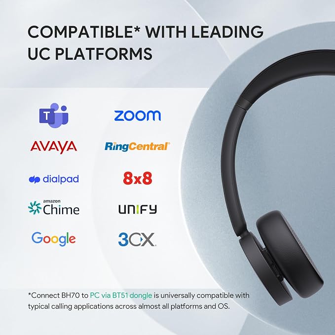 Yealink BH70 Teams Bluetooth Headset with Mic for Work, 35h Talk Battery | AI 3-Mic, 147g Lightest in its class, Teams Certified & Cisco Zoom Google 100+ Compatible, for Open Office/ WFH/ Call Center
