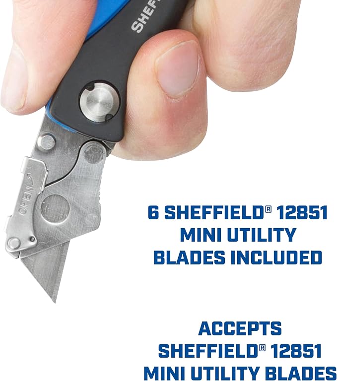 Sheffield 12125 Mini Box Cutter & 5 Blade Storage Compartment and Key Chain | Sheffield Utility Knife, Mini Utility Knife with Aluminum Handle for Home, Office, Trades, and Warehouse