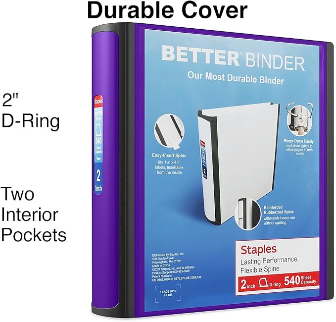 Staples Better 2-Inch 3-Ring Binder, Purple – Heavy-Duty Binder for School & Office Storage