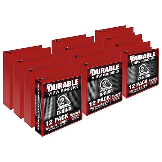 Samsill Durable 2 inch 3 Ring Binder, D Ring Binder, 100% Recycled Chipboard, Red, 12 Pack