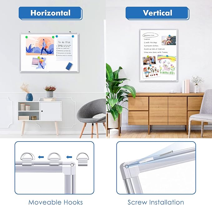 White Board Dry Erase, 36 x 24 inch Magnetic Dry Erase Board Whiteboard for Wall, Aluminum Frame Hanging Whiteboard Marker Board Writing Board