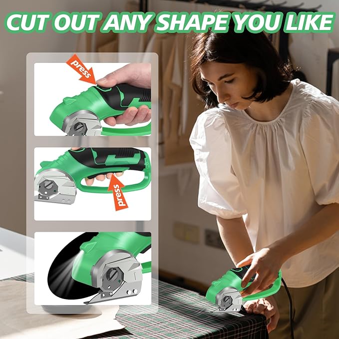 Cordless Electric Scissors, 4V Rechargeable Box Cutter & Cardboard Cutter with LED Light, Safety Lock - Rotary Cutter for Fabric, Leather, Plastic, Crafting, Sewing with Storage Box(Bright Green)
