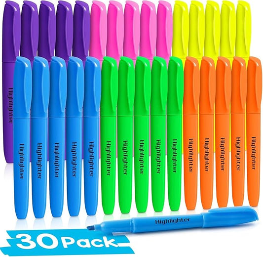 Jumlys 30 Pack Highlighters in 6 Assorted Colors, Bright With Soft Chisel Tips, No Bleed, Ideal for Office and School Supplies
