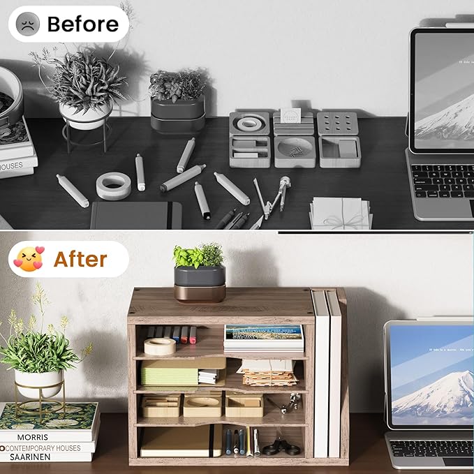 Mail Sorter, File Organizer Desktop, Wood Desk Organizer with 3 Adjustable Shelves, Mail Holder for Office, Home, Letter Sorter File Holders for Envelopes, Mail Supplies Magazines, Greige