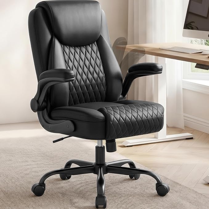 COMHOMA Mid-Back Office Chair, Ergonomic PU Desk Chair with Flip up Arms, Small Computer Gaming with Comfy Lumbar Support,Rocking Function,Sturdy Metal Base, Ink Black