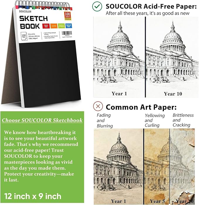 Soucolor 9" x 12" Sketch Book, 100 Sheets Top Spiral Bound Sketchbook with Acid-Free 68lb/100gsm Thick Drawing Paper, Art Sketch Pad for Kids, Adults & Artist, Professional Art Supplies for Beginners