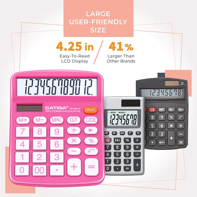 CATIGA Desktop Calculator, 12 Digit Large LCD Display, Dual Power, Sensitive Big Button, Standard Function Calculators for Office, School and Business, CD-2786 2 Pack, Blue & Pink