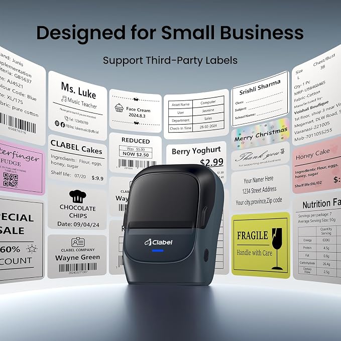 CLABEL Label Maker Machine with Tape, 221B Thermal Bluetooth Label Printer 2 Inch Portable Barcode Inkless Sticker for Small Business, Retail Office,Office, Home, Came with 1 Roll Label (Blue)