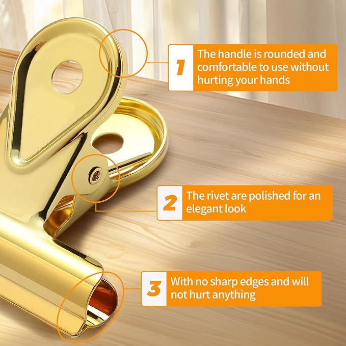 SIAMESE Bulldog Clips, 4 Pcs Binder Clips for Office & Kitchen, Multi-Purpose Binder and Food Bag Clamps for Sealing, Storage, Hanging (Gold)
