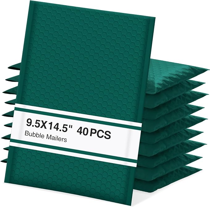 UCGOU Bubble Mailers 9.5x14.5" 40 Pack Usable Size 9.5x13.5" Green Padded | Waterproof Self Seal Adhesive Large Padded Envelopes for Small Business Bubble Packaging Envelopes for Mailing Jewelry Makeup