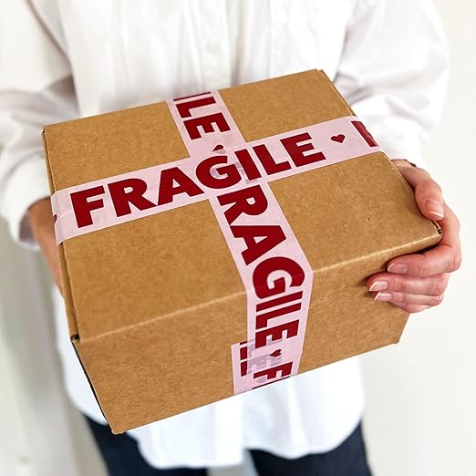 Fragile Packing Tape with Pink Dispenser – Pink & Burgundy Heart Design, 1.88" x 22.2 Yards – Packaging Tape for Moving Boxes, Small Business, and Mailers