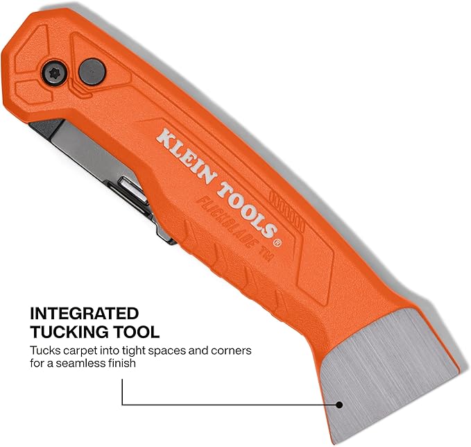 Klein Tools 44310 FLICKBLADE Carpet Blade Folding Utility Knife, Two Locking Positions at 135-Degree and 180-Degree, Integrated Tucking Tool, Tool-Free Blade Change, Durable Aluminum Body