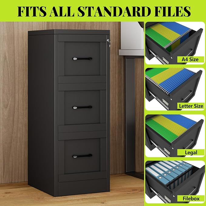 3-Drawer Metal File Cabinet with Lock, Tall Narrow Vertical, Black | Tall metal filing cabinet with adjustable rails for Letter, Legal and A4 folders; one lock secures all three drawers