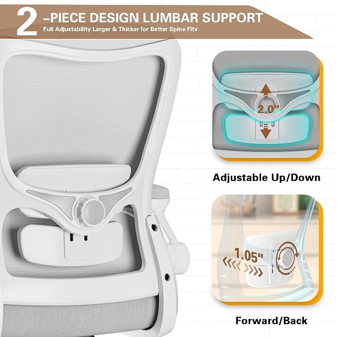 Ergonomic Office Chair for Long Hours, Adjustable Padded Lumbar Support for Lower Back Relief, 330 lb Capacity, Comfortable Computer Desk Chair for Home Office, Work & Study