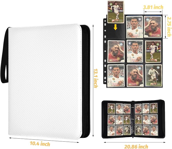 GERMUN 3 Ring 9 Pocket Zipper Card Binder, 720 Double Sided Standard PU Trading Card Album Folder for TCG & Sports Cards, Not Fit Top Loaders (White)