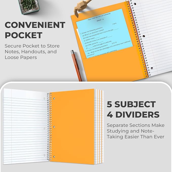 1000 Packs (Pallet) 5 Subject Notebooks, College Ruled, 300 Pages | Spiral Notebook Bulk, 3 Hole Punched, 150 Sheets, 8 x 10-1/2", Bulk Spiral Notebooks for School Districts, 4-7 Days Transit