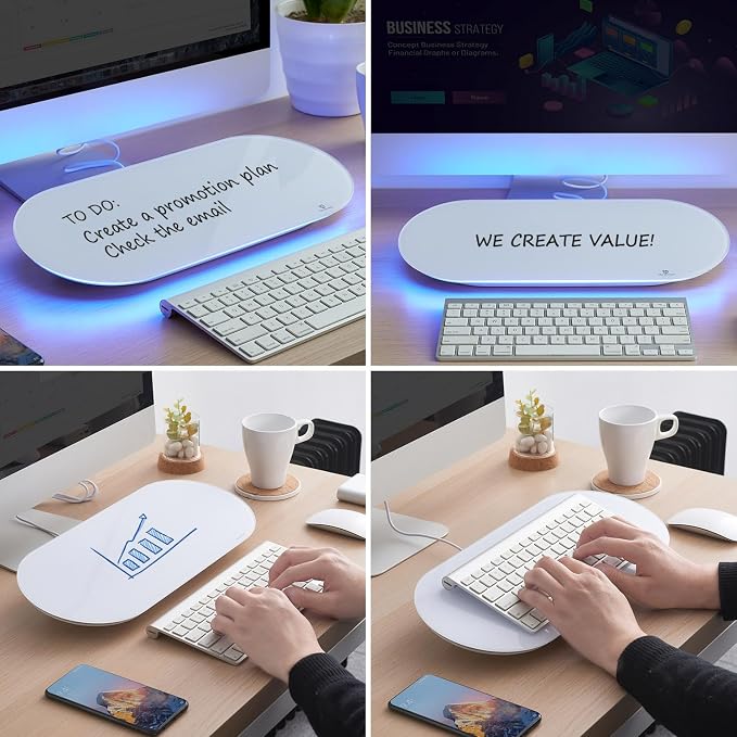 Glass Desktop Whiteboard - 17 X 7 Inches Small Dry Erase Board with Blue Light, Glass White Board Surface Notepad with 1 Drawer, Desk Organizers for Office, Home, School Supplies