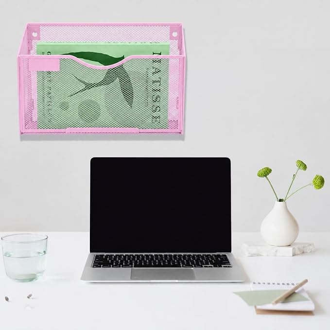 1 Pocket Mesh Wall File Holder Organizer Office Hanging File Folder Magazine Rack, Nametag Label Hooks Set Included (Pink)