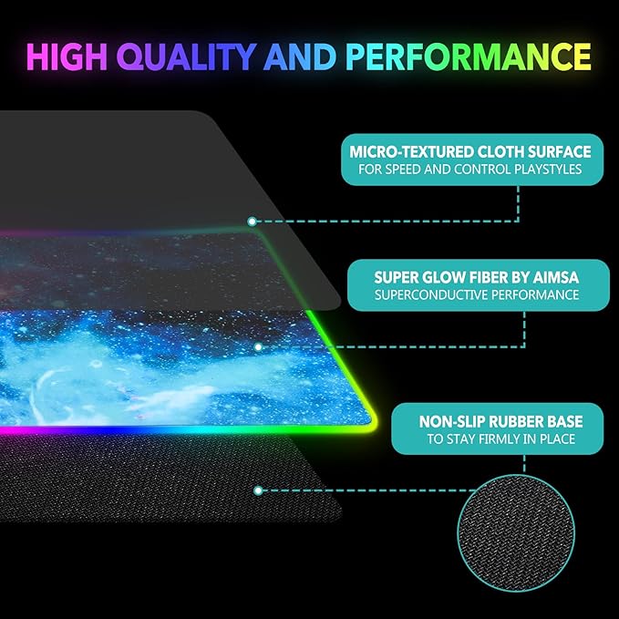AIMSA RGB Gaming Mouse Pad Extended, Large Led Mousepads Non-Slip Rubber Base with 14 Lighting Modes, Computer Keyboard Mat Soft Desk pad Waterproof 35.4 x 15.8 inches, Galaxy Nebula Universe