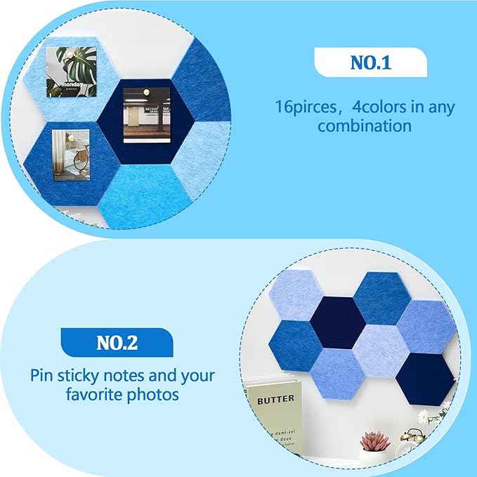 16 Pcs Hexagon Cork Board for Walls with 50 Wooden Push Pins 6.7 x 5.9 in Felt DIY Tiles Notice with Nano Tape Hanging Bulletin Board for Home Photo Office Memo Note(Ocean)