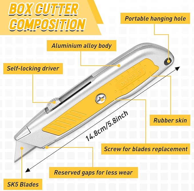 DIYSELF 8 Pack Utility Knives, Box Cutters, Metal Shell Utility Knife Retractable for Work, Box Cutter Retractable, Razor Knife, Box Cutters Heavy Duty for Cardboard, Leather, Package Opener