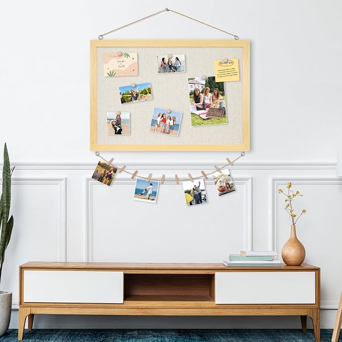DOLLAR BOSS Bulletin Boards with Linen, 24"x18" Cork Board, Natural Wood | Double-Sided Corkboards for Walls, Decorative Pin Board, Photo Display, For Office Home School Dorm, 10 Pushpins 10 Clips