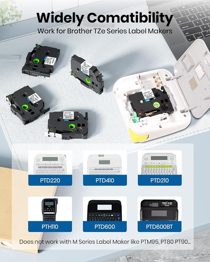 TZe-211 TZ Tape 6mm 0.23 Laminated White Compatible with Brother | Label Maker Tape 6 mm P Touch 1/4 Inch] TZ TZe211 for PT-H110 D210 D220 Label Tape Refills, 8m (26.2 ft), 4 Pack