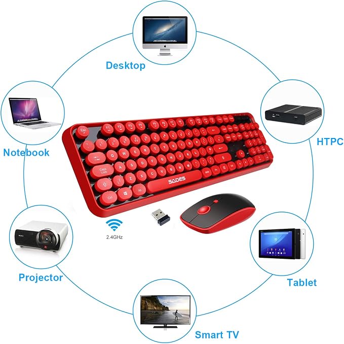 Red Wireless Keyboard and Mouse Combo,Typewriter Bubble Keys,for PC Laptop | Retro Round Keycaps,Clicky Sound,2.4GHz USB Receiver,Creamy Aesthetic Style,Full Size with Number Pad for Computer Desktop