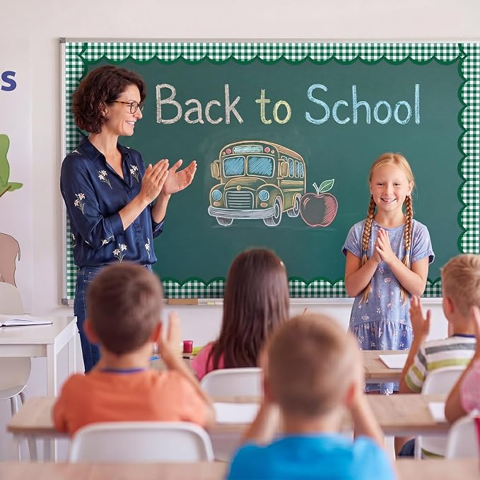 Zonon 65ft Dark Green Gingham Bulletin Board Border, Scalloped Trim Classroom Decoration for Back to School, Whiteboard, Blackboard, Cork and Posterboard, Party, Office